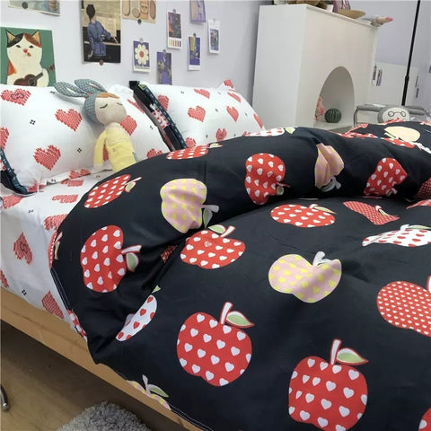 Sonicelife Ins Pink Cute Duck Cartoon Fruit Printed Bedding Set Soft Queen King Size Flat Bed Sheet Quilt Cover Pillowcase Kawaii