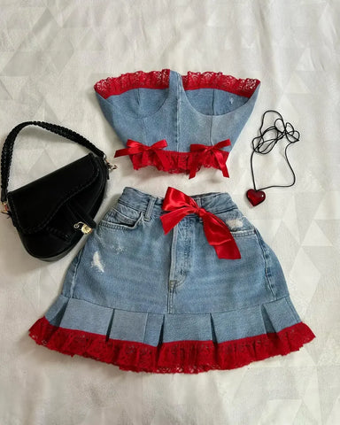 Sonicelife Y2k Denim Short Skirts Leather Denim Splicing Two Piece Set Women Hip Hop Zipper Long Sleeved Jacket Sexy Denim Mini Skirts Suit