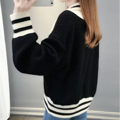 Black Friday Sonicelife Patchwork Sweater Women Knitted Loose Elegant Black White Fashion Cardigan Lazy Strip V-Neck Long Sleevekorean Female Jumpers