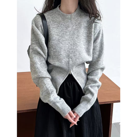 Sonicelife Retro Design Zipper Sweaters Women Casual Korean Loose Long Sleeve Knitted Pullovers Vintage Simple Solid Female Jumper Top