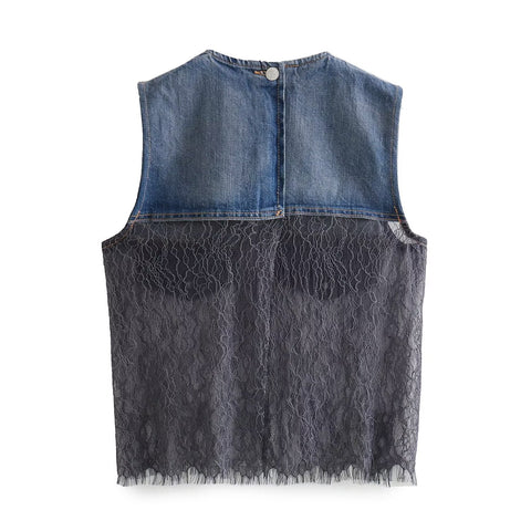 Sonicelife Women's New T-shirt Sleeveless Pocket Decoration Lace Perspective Sensual Short sleeved Top