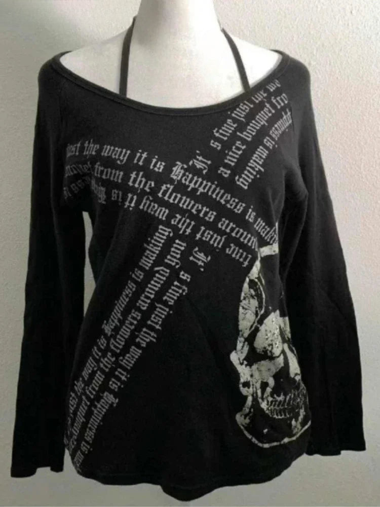 Sonicelife Vintage Gothic Streetwear T-shirt Woman Y2k Tops Harajuku Punk Japanese Tees O-neck Long Sleeve Camisetas Letter Print Tops New