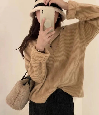 christmas outfit Sonicelife Lapel Raccoon Velvet Design Sense Sunken Stripe Sweater Women Autumn and Winter 2025 Popular New Lazy Gentle Knitted Top Thick