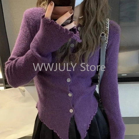 Sonicelife 2025 Y2k Grey Vintage Women Kint Sweater Harajuku Long Sleeve Cardigan Irregular Korean Fashion Slim Autumn Jerseys Casual