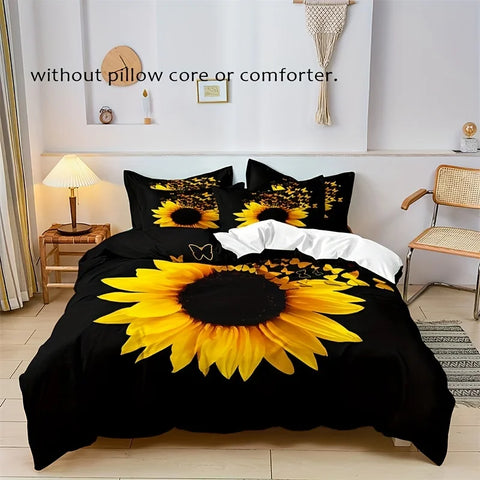 Sonicelife 3pcs Fashion Duvet Cover Set, Sunflower Print Bedding Set With Zipper Closure, Soft Comfortable Duvet Cover