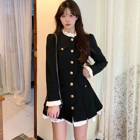 Sonicelife French Plaid Dresses Women Autumn Winter New Ruffles O Neck Single Breasted Pleated Dress Korean Slim Elegant Vintage Vestidos