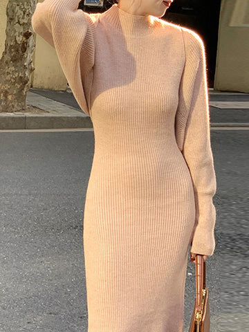 christmas outfit Sonicelife Long Sleeves Solid Color Mock Neck Cardigan Top + High Waisted Sweater Dress Two Pieces Set