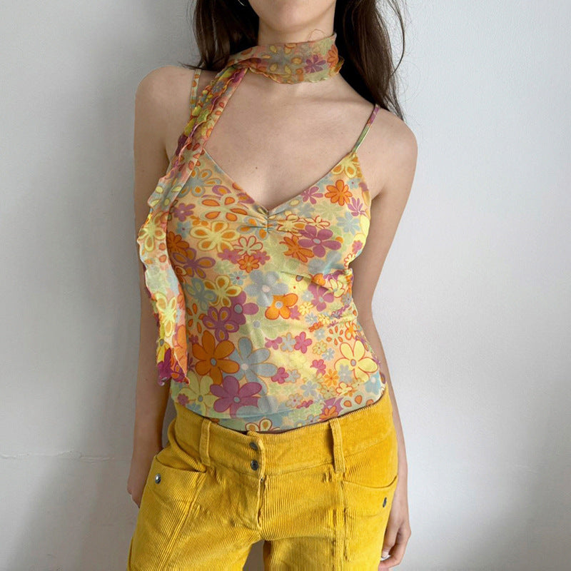 Sonicelife Camis Y2k Sweet Girl 90s Vintage Clothes Sling Flower Summer Slim Mesh Women Korea Harajuku Femme Crop Top Grunge Tank Clothing