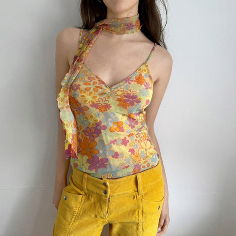 Sonicelife Camis Y2k Sweet Girl 90s Vintage Clothes Sling Flower Summer Slim Mesh Women Korea Harajuku Femme Crop Top Grunge Tank Clothing