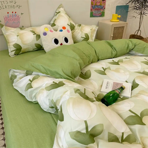 Sonicelife Korean Style Bedding Set Boys Girls Twin Queen Size Duvet Cover Flat Sheet Pillowcase Bed Linens Kids Adult Fashion Home Textile