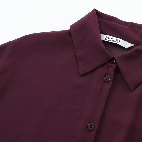 Sonicelife Women's Wine Red Shirt with Bow Tie Long-sleeved Top Slim Temperament Shirt Commuter Top Single Breasted Design New