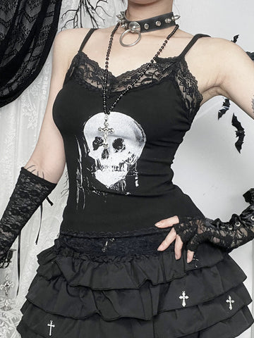 Sonicelife Mall Gothic Skull Printed Camisole Women Vintage Streetwear Y2k E-girl Harajuku Cyber Punk Lace Patchwork Crop Tank Tops