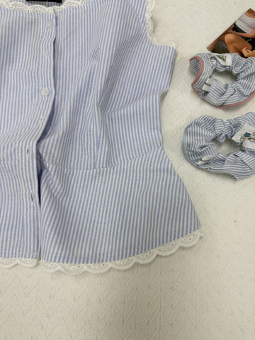 Sonicelife Cute Blue Striped 2 Piece Set Outfits Women New Buttons T-shirts+Buttons Straight Short Pants Sweet Lace Trim Blouse Shorts Sets