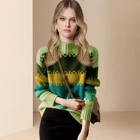 Sonicelife Retro American Striped Sweaters Women Casual Loose Streetwear Knitted Pullovers Fall Vintage Lady Turtleneck Design Jumpers