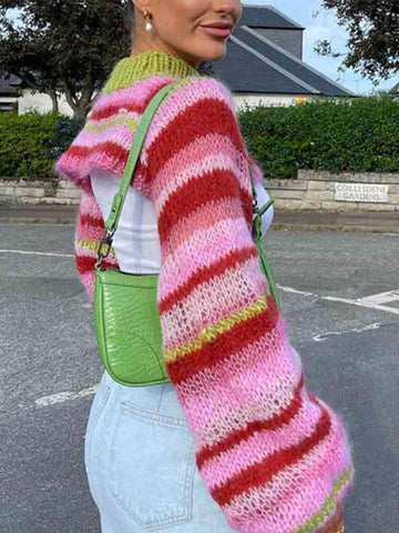 Sonicelife-Colorful Stripe Ultra Short Smock Crochet Top