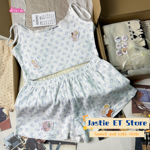 Sonicelife Cute Teddy Bear Print Lace Lace Suspender Casual Sweet Women's Tank Top Loose Elastic Waist Shorts Sets For Women 2 Pieces 2025
