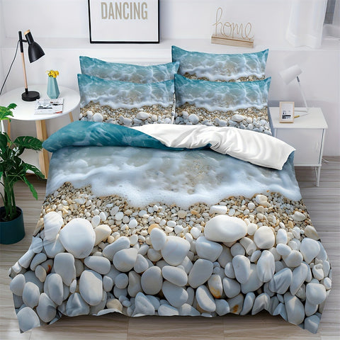 Sonicelife 3-Piece Seaside Oasis Duvet Cover Set - Soft, Breathable, Comfortable Beach-Inspired Bedding with Sand, Sea Water Print