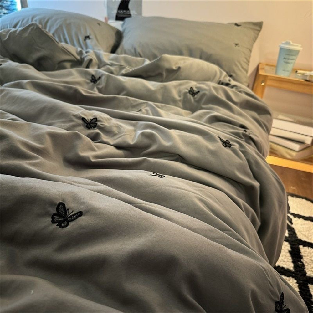 Sonicelife Ins Style Embroidered Butterfly Bedding Sheet Nordic Duvet Cover Set Home Luxury No Filling Bedding Set Comfortable Bedspread