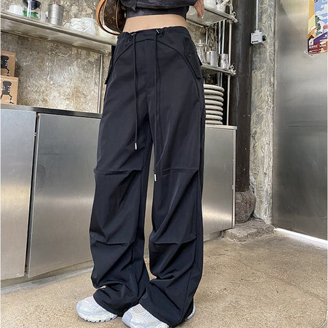 Sonicelife Y2K Aesthetic Cargo Pants Women High Waist Drawstring Casual Straight Pants Vintage Streetwear All Match Wide Leg Trousers