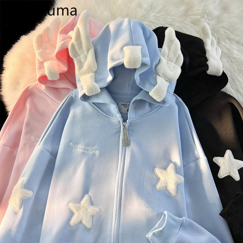 Sonicelife Streetwear Embroidery Star Hoodie Women Clothing Thicked Zipper Hooded Jackets Y2k Tops Casual Fashion Vintage Sweatshirts Coat