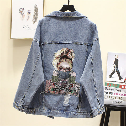 Sonicelife 2025 Autumn New Denim Jacket Women Harajuku Printed Frayed Beading Loose Casual Jeans Jacket Coat Outwear Female Jacket P521