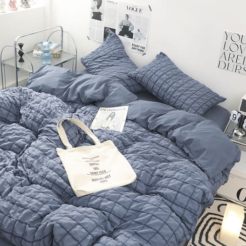Sonicelife INS Girl Blue Bedding Sets Solid Color Seersucker Ruffles Lace  Kawaii Soft Sheet Woman Duvet Cover Pillow Covers Quilt Cover