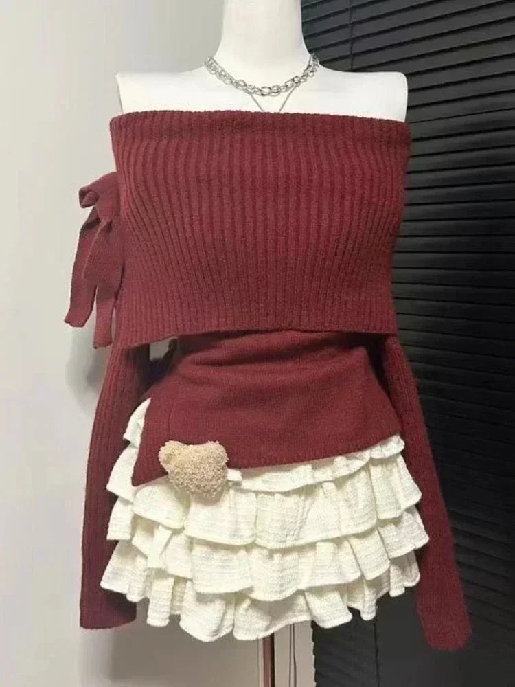 Sonicelife Winter Kawaii Sweet 2 Piece Set Woman Off Shoulder Bow Knitted Tops + Mini Cake Skirt Female Korean Fashion Casual Suit 2025 New