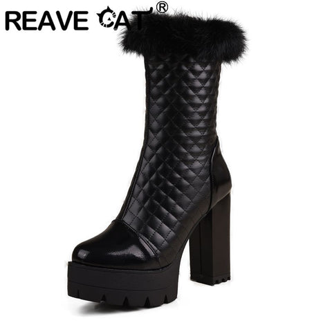 thanksgiving outfit Sonicelife Women Knight Boots Round Toe Block Heels 11cm Platform Hill Fur Mid Calf Bota Size 47 48