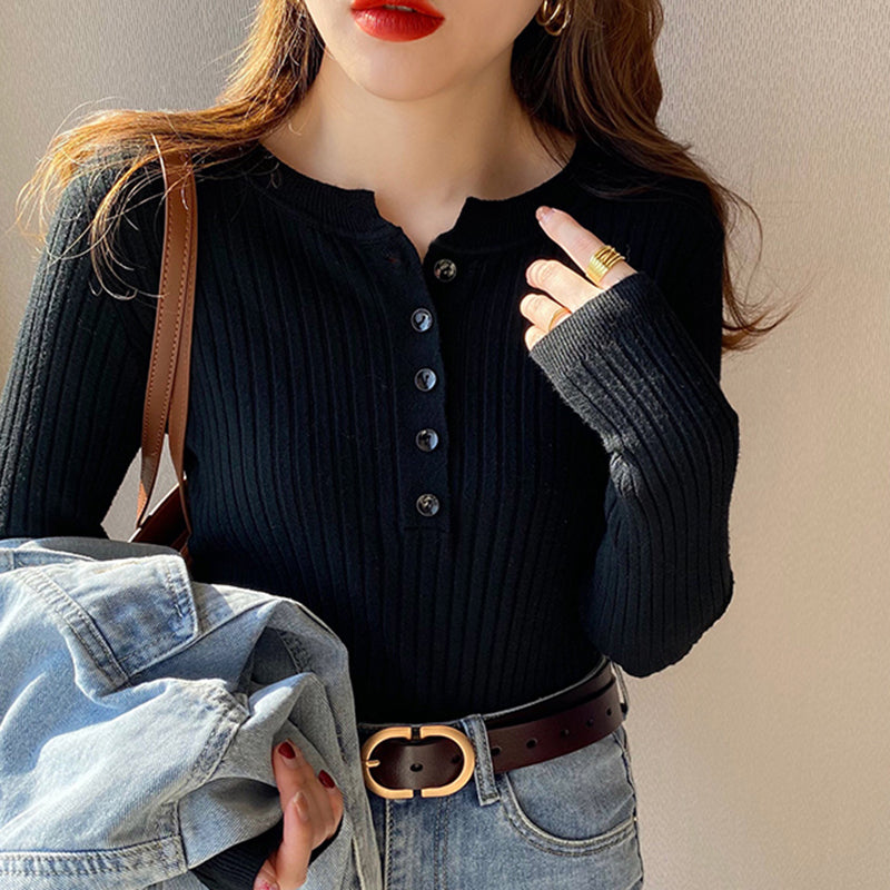 Black Friday Sonicelife Autumn Winter Sweater Women Korean Slim Button Solid Knitted Long Sleeve Pullover Fashsion Elegant Bottom Basic Female Jumpers