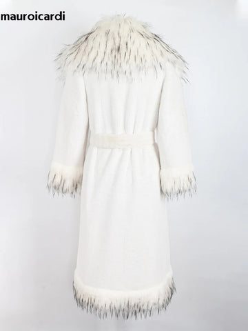 christmas outfit Sonicelife Winter Long White Thick Warm Luxury Elegant Fluffy Faux Fur Coat Women with Fake Fox Fur Trim Sashes Furry Overcoat