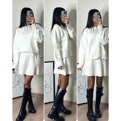 Sonicelife Elegant Knitted Sweater Skirt Sets Women O-neck Long Sleeve Loose Sweaters Mini Skirts Suits 2 Pieces 2025 Spring Lady Outfits