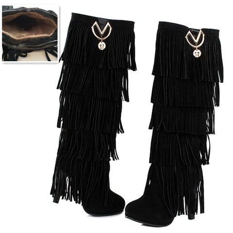 thanksgiving outfit Sonicelife size 32-43 Flock Fur Women boots High heels Knee boots Fringe Tassels Fashion Black Red ZL4150