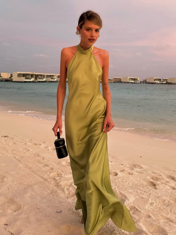 Sonicelife Elegant Green Satin Sleeveless Maxi Dress Chic Stand Neck Lace Up Backless Dresses New Female Summer Vacation Beach Vestido 2025
