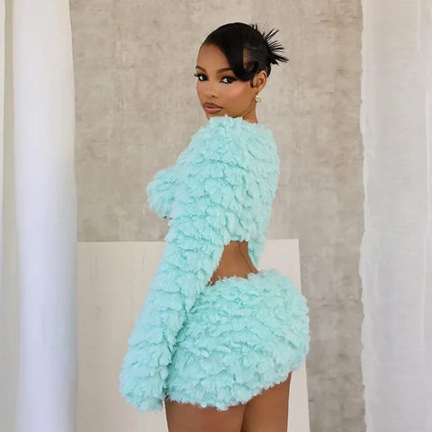 Sonicelife Sexy Women 2 Piece Fluffy Fur Cardigan Shirts Slit Skirts Sets Plush Long Sleeve Crop Tops Mini Skirts Two Piece Hairy Outfits