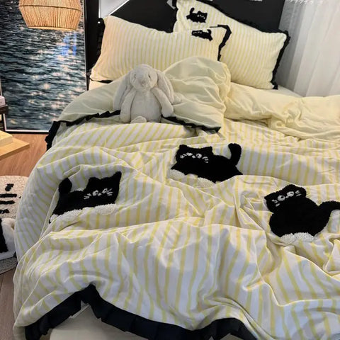 Sonicelife Korean Style Bedding Set Green Strip Black Cat Embroidery Washed Cotton  Duvet Cover Cute Cardboard  Bed linen Comforter Sets