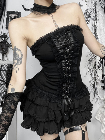 Sonicelife Dark Gothic Corset Vest Women Streetwear Y2k Harajuku Grunge Lace Patchwork Bandage Crop Tank Top Emo Alt Rave Outfits