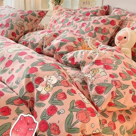 Sonicelife Rabbit Bedding Set Cute Sweetheart Spring Soft Flat Sheet Duvet Cover Pillowcase Single Double Queen Size Bed Linen