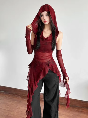 Sonicelife Y2K Vintage 90s Grunge Mesh See Through Hooded Tops Streetwear Irregular Hem Ruffles Hoodie Women Slim Blouse with Cuffs New