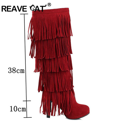 thanksgiving outfit Sonicelife size 32-43 Flock Fur Women boots High heels Knee boots Fringe Tassels Fashion Black Red ZL4150