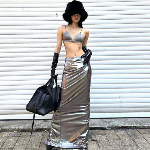 Sonicelife Y2K Lady Metallic Silver PU Leather Long Skirts Low Elastic Waist Maxi Skirts Summer Party Women Sexy Metallic Color Slim Skirts