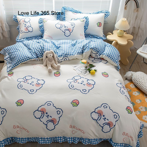 Sonicelife Cute Bear Printed Bedding Set Ins Solid Color Linen And Duvet Cover With Pillowcases Single Double Full Size For Kids Adults
