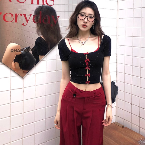 Sonicelife 2025 Summer Korean Fashion Pants Sets Woman Bow Dot Y2k Crop Tops + Casual Red Pants Hot Girls Aesthetics Elegant Suit Chic