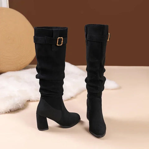 Sonicelife Female Shoes on Sale 2025  High Quality Sleeve Women's  Winter Pointed Toe Suede Solid High Tube Chunky Heels Fashion Boots