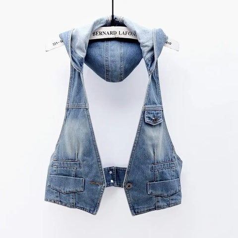 Sonicelife Vintage Denim Vest Women Hooded Short Spring Summer 2025 New Korean Femme Slim Sleeveless Jacket Waistcoat Women Jeans Vest