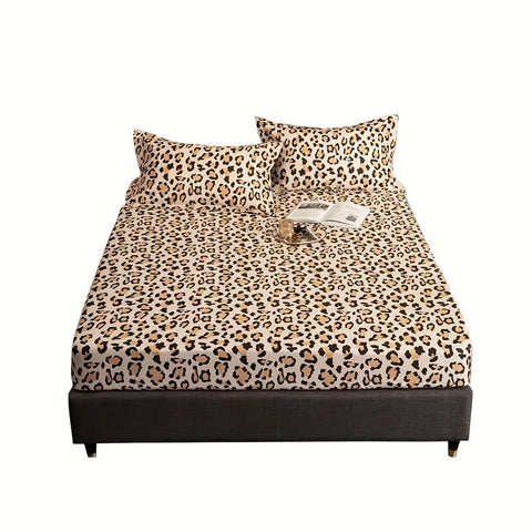 Sonicelife 3pcs Stylish Leopard Print Fitted Bed Sheet Set for Bedroom Soft and Comfortable Bedding Set Bed Sheet with Pillowcases (1pc
