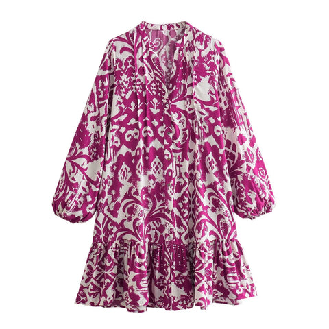 Sonicelife Women's Long Sleeve Single Breasted Mini Dress, Printed V-Neck, Slimming and Cute, Versatile, New
