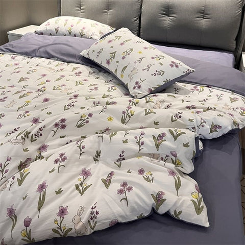 Sonicelife Ins Purple Flower Bedding Set Washed Cotton Bed Sheet Pillowcase Quilt Cover Simple Kids Adult Floral Duvet Cover No Filler