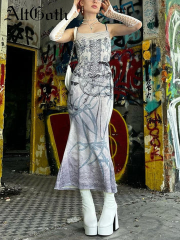 Sonicelife Vintage Gothic Dress Women Emo Alt Streetwear Y2k Butterfly Bone Printed Spaghetti Strap High Waist Bodycon Dress Female