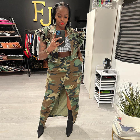 Sonicelife Sexy Cool Women Camouflage High Side Slit Skirts Big Pockets Irregular Long Skirts Streetwear Lady Cargo Camo Skirt Maxi Skirts