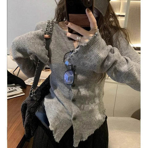 Sonicelife 2025 Y2k Grey Vintage Women Kint Sweater Harajuku Long Sleeve Cardigan Irregular Korean Fashion Slim Autumn Jerseys Casual